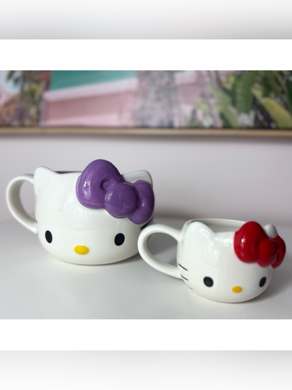 Sanrio Hello Kitty Ceramic Face Novelty Mug Set Lot 20oz Purple 3.5oz Red Bow